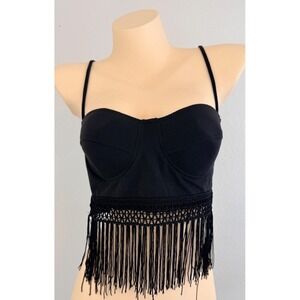 Westerncore Tower Black Fringe Bustier Crop Top Cami L Cotton Spandex USA Made